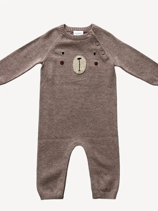 Bear Embroidered Long Sleeve Knit Baby Jumpsuit (Organic)
